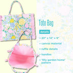 Lilly Pulitzer Ruffle Tote Bag, Cotton Canvas Shoulder Tote with Ruffle Detail, Flat Base, Durable Straps, Large Carryall for Travel & Everyday Use (Lilly Garden Home)