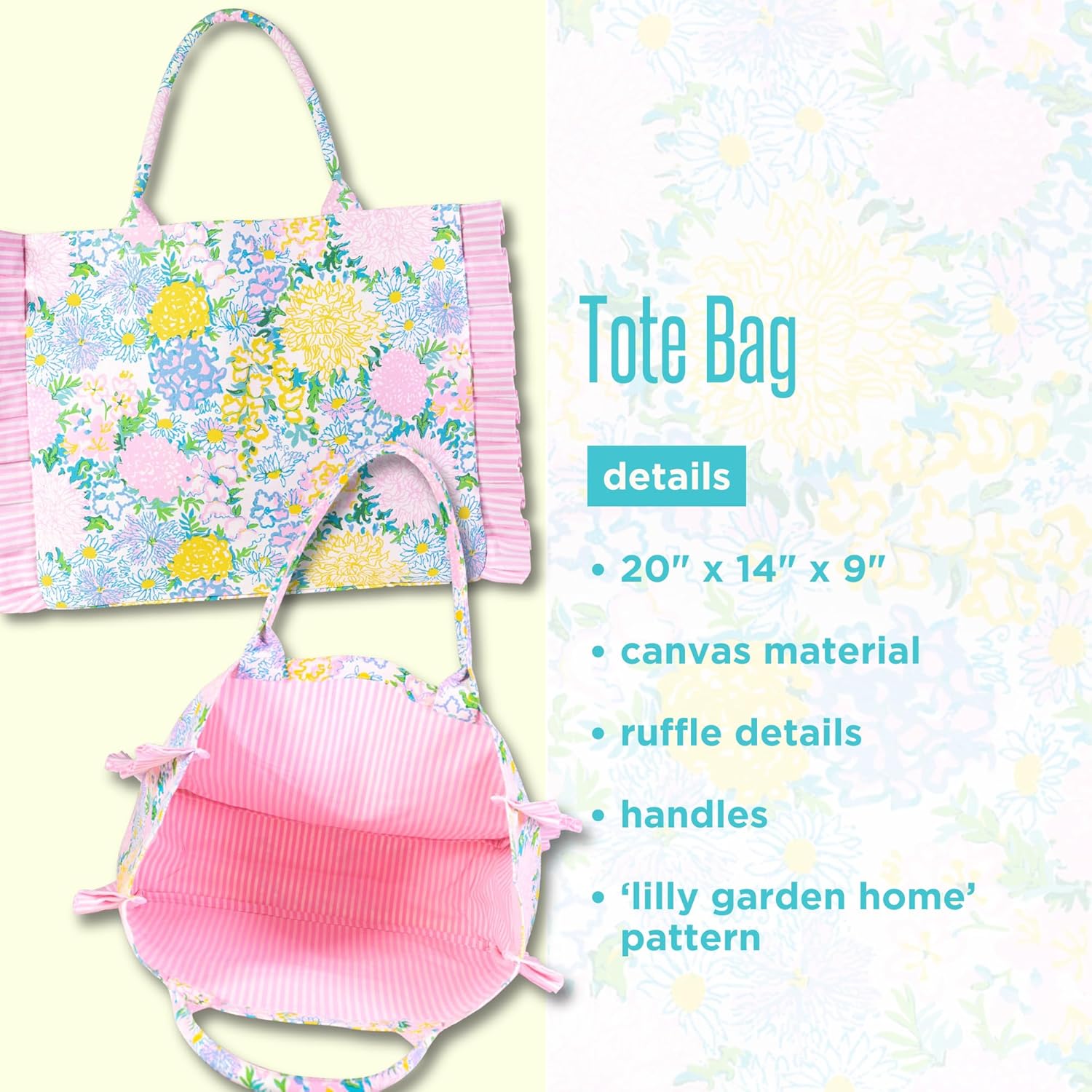 Lilly Pulitzer Ruffle Tote Bag, Cotton Canvas Shoulder Tote with Ruffle Detail, Flat Base, Durable Straps, Large Carryall for Travel & Everyday Use (Lilly Garden Home)