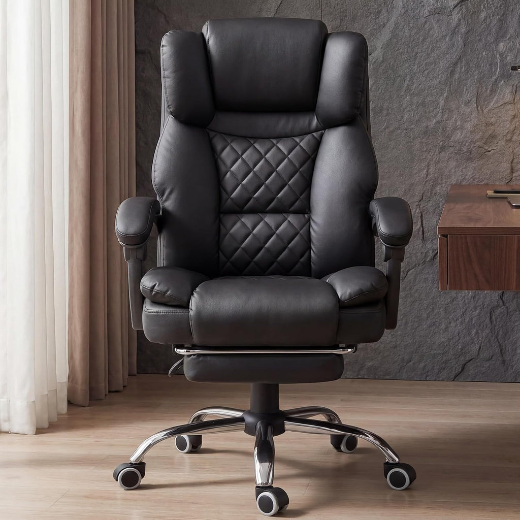Gtplayer Executive Office Chair Big And Tall Leather Gaming Chair With Pocket Spring Cushion & Ergonomic Lumbar Support For Lower Back Pain Relief, Comfy Desk Chair With Footrest, Matte-Black