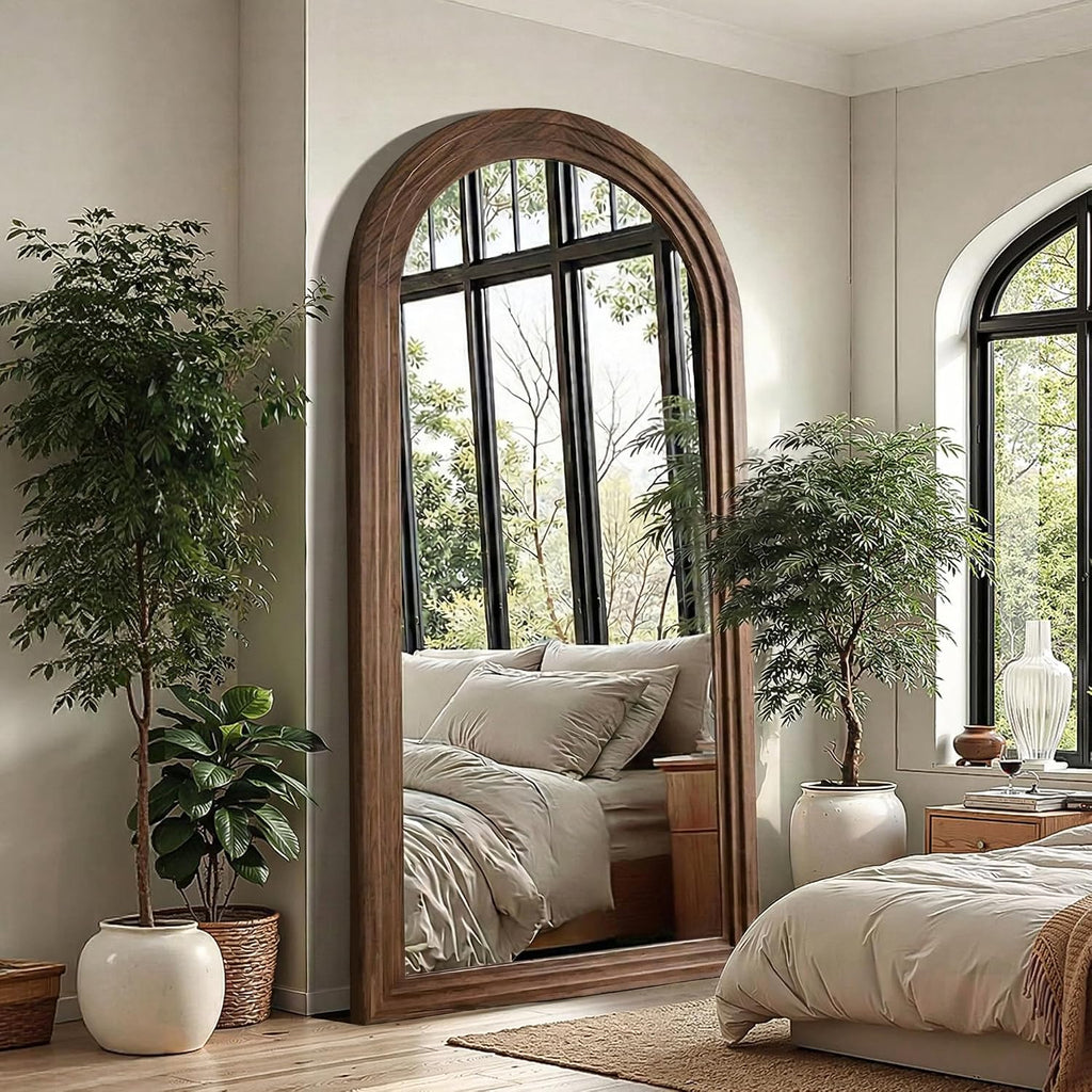 Arched Full Length Floor Mirror With Stand, 75X35 Rustic Farmhouse Solid Wood Frame Wall Mirror For Bedroom, Living Room, Vertical Hanging & Standing(Brown)