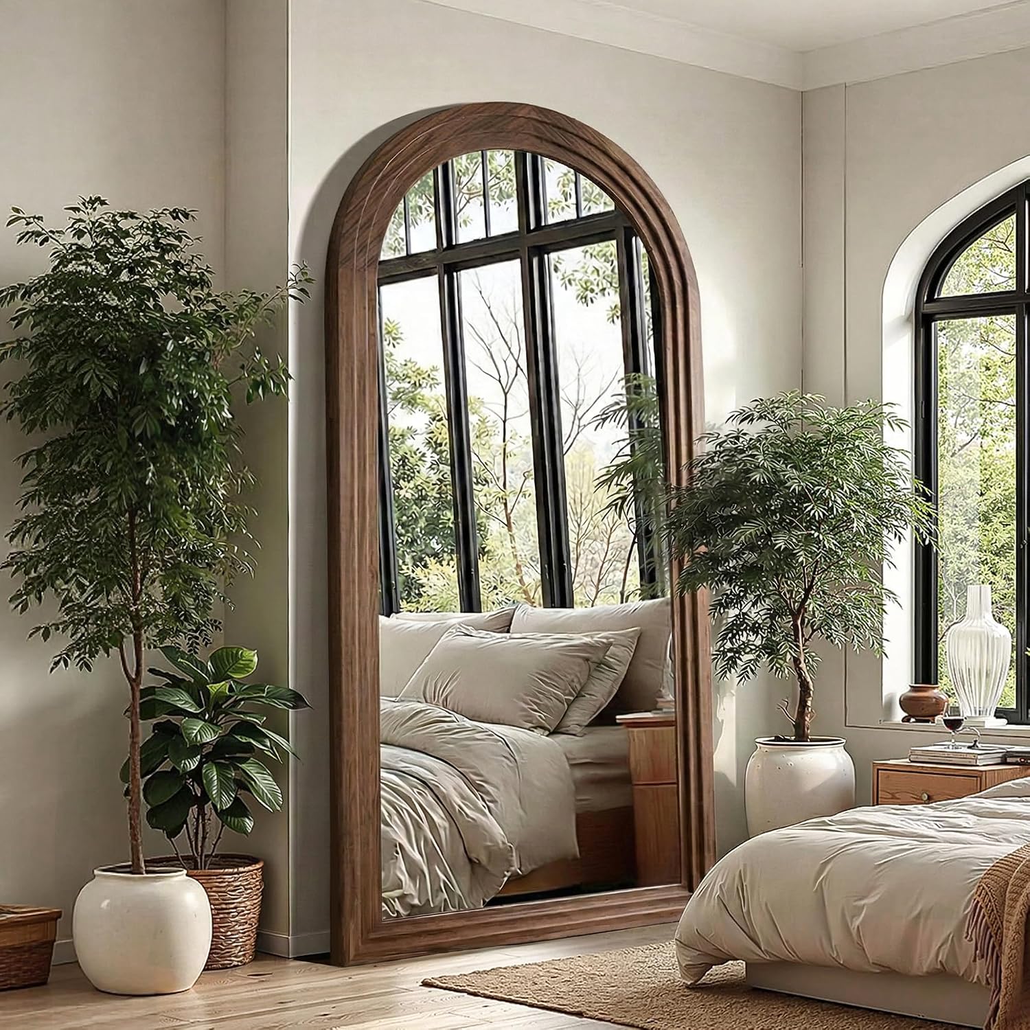 Arched Full Length Floor Mirror With Stand, 75X35 Rustic Farmhouse Solid Wood Frame Wall Mirror For Bedroom, Living Room, Vertical Hanging & Standing(Brown)