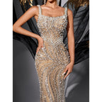 Women'S Square Neck Sequin Beaded Mermaid Formal Evening Dress Spaghetti Strap Bodycon Prom Party Cocktail Maxi Gown