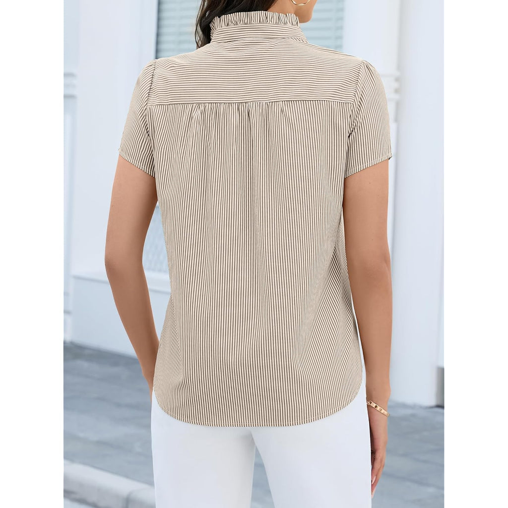 Women's Striped Button Down Shirts Summer Short Sleeve Tops Ruffle Collar Work Blouses Business Casual Outfits
