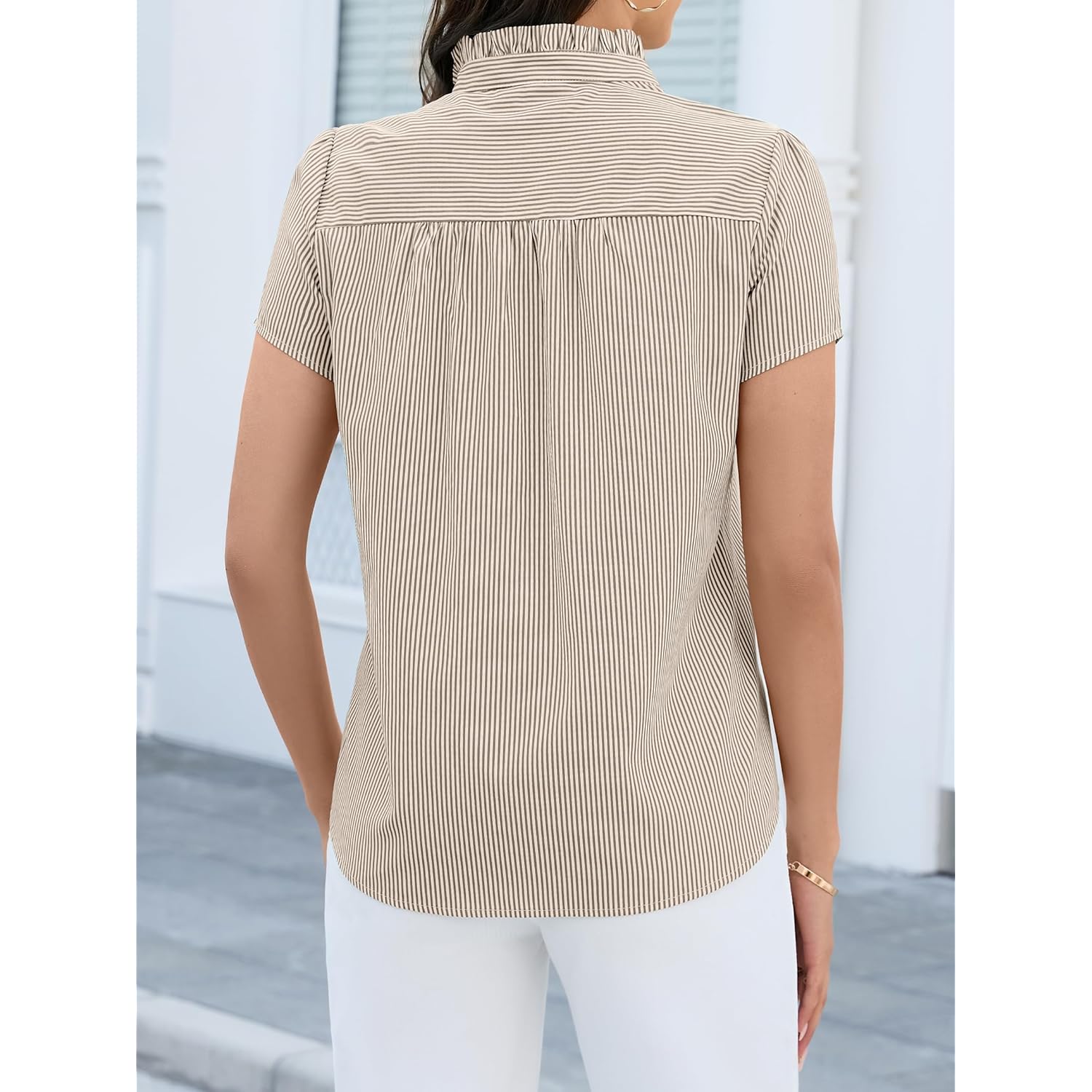 Women's Striped Button Down Shirts Summer Short Sleeve Tops Ruffle Collar Work Blouses Business Casual Outfits