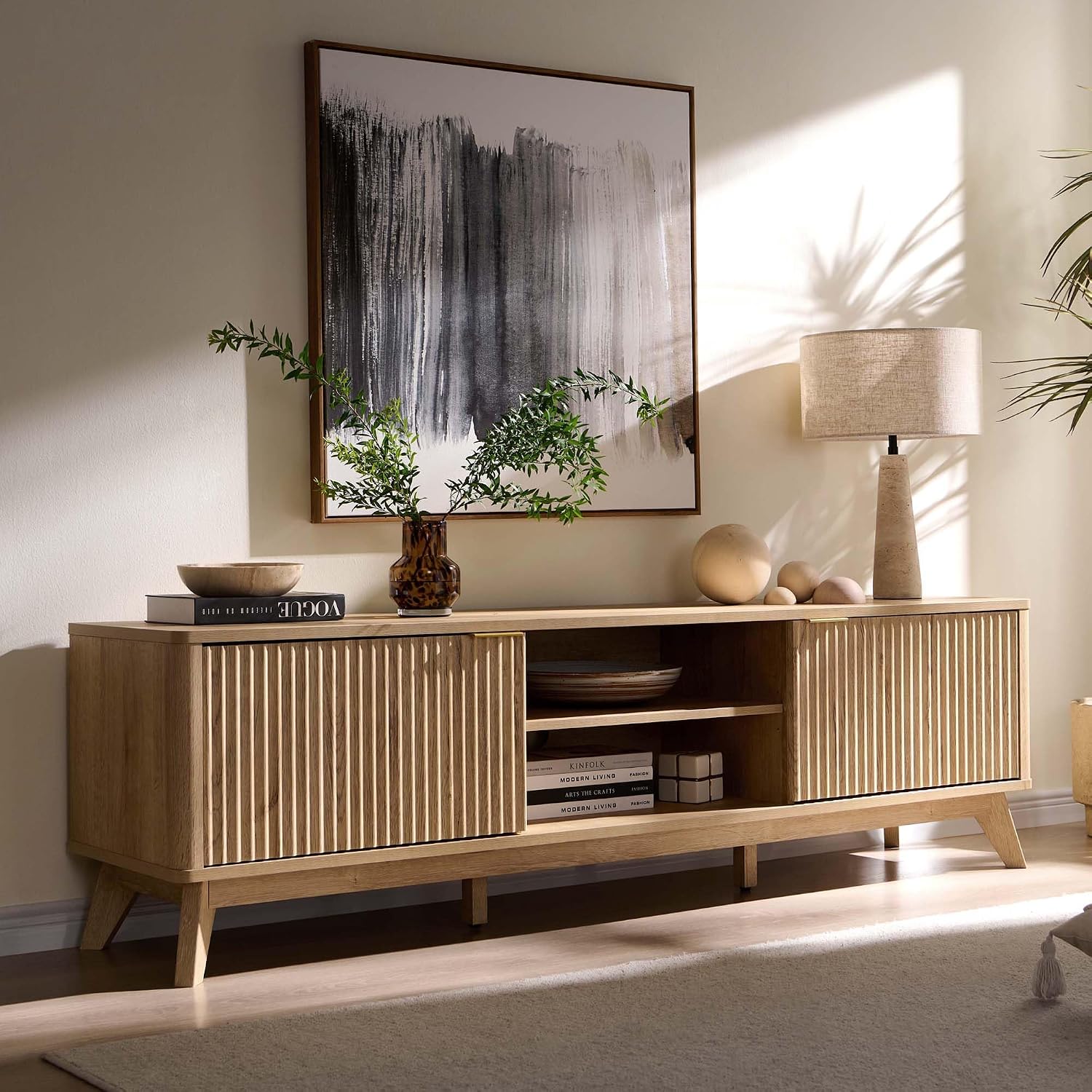 Okd 70" Mid Century Modern Fluted Tv Stand W/ 2 Soft Close Door,Natural Oak | Entertainment Center, Sideboard, Media Console For Living Room With Adjustable Shelves