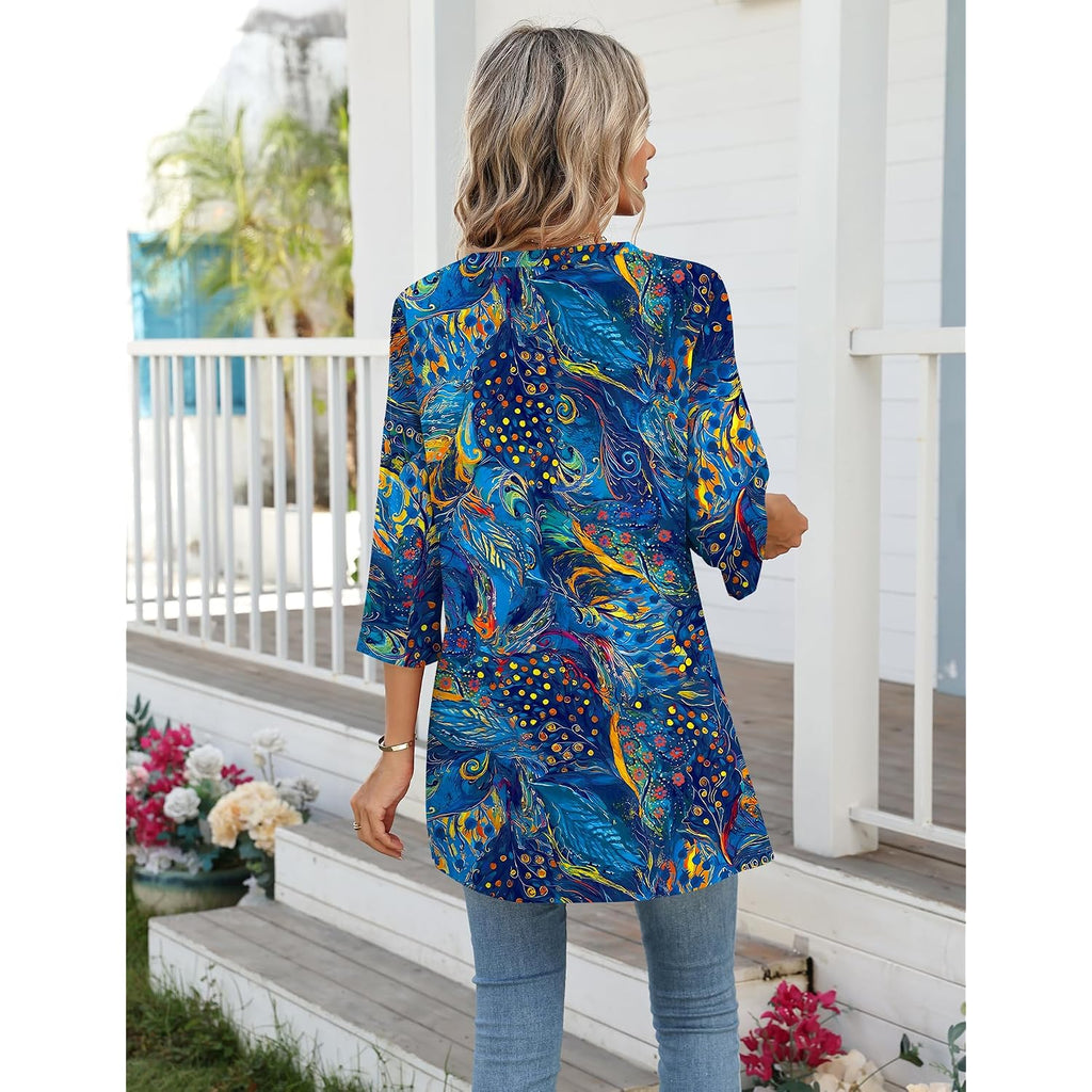 3/4 Length Sleeve Cotton Linen Womens Tops V Neck Loose Fit Dressy Casual Blouse Flowy Shirts Womens Clothing