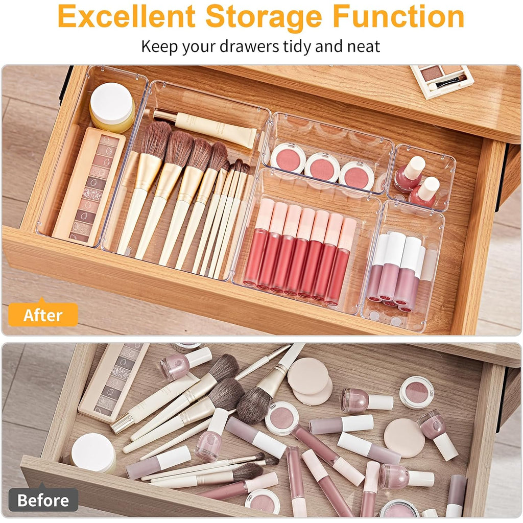 Smartake 13-Piece Drawer Organizers With Non-Slip Silicone Pads, 5-Size Desk Bathroom Drawer Organizer Trays Storage Tray For Makeup, Jewelries, Utensils In Bedroom Dresser, Office And Kitchen, Clear