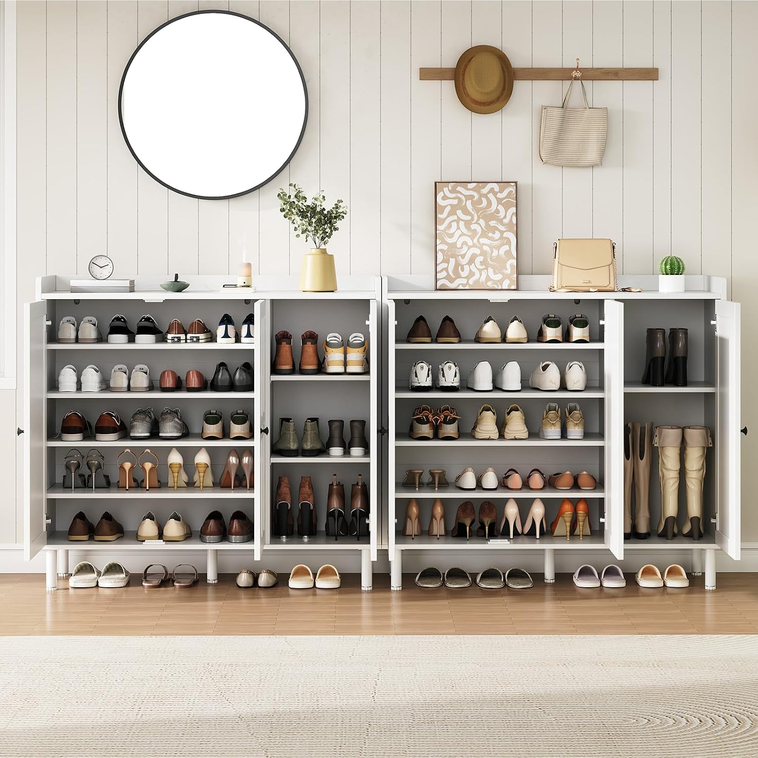 Shoe Cabinet With 3 Doors And Adjustable Shelves, 30 Pairs Shoe Storage Cabinet, 40 Inch Tall Farmhouse Shoe Rack Shoe Organizer Cabinet For Entryway Living Room Closet, White