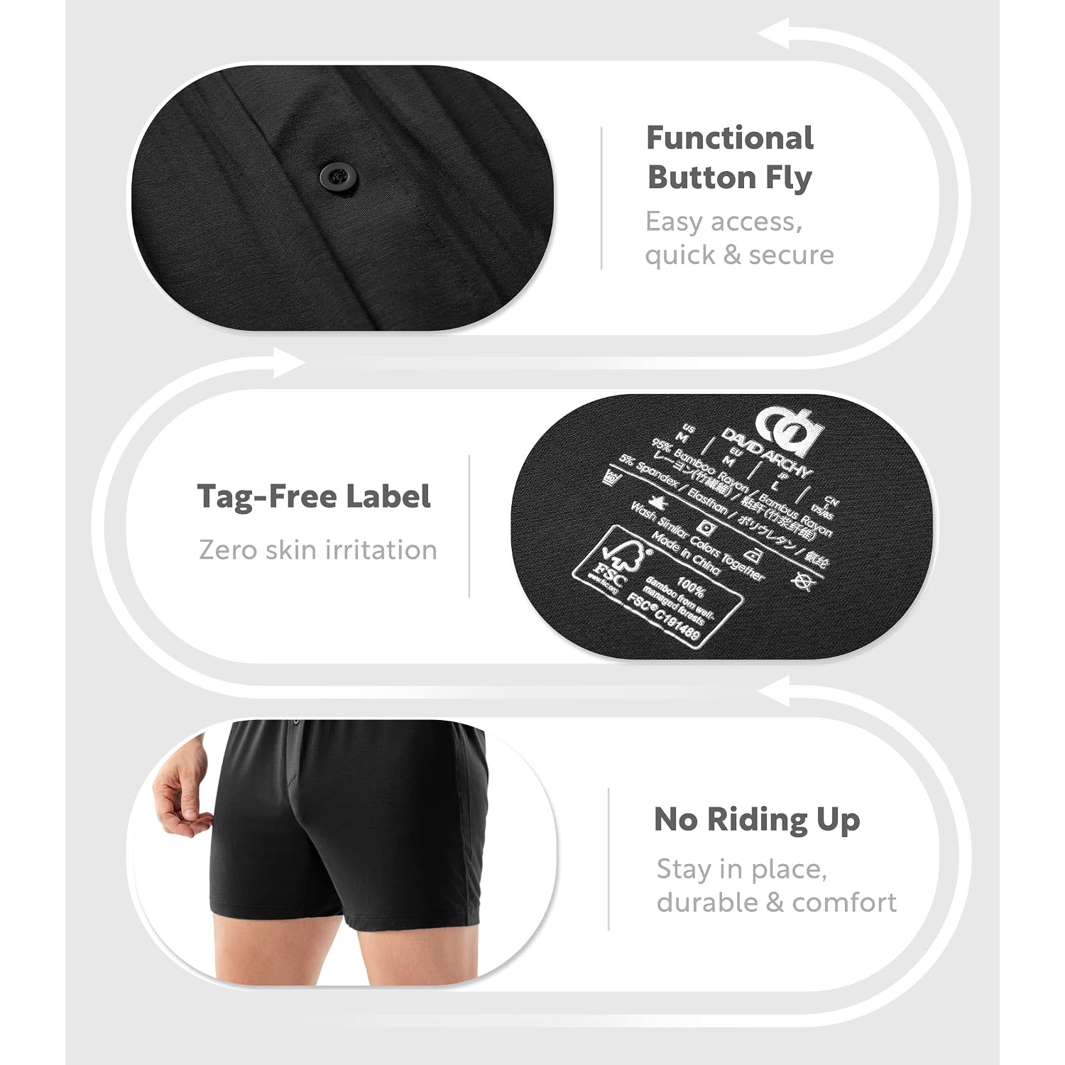 David Archy Men'S Boxer Shorts Bamboo Rayon Breathable & Cool Boxer For Men Loose Fit Men'S Underwear With Fly 3 Or 5 Pack