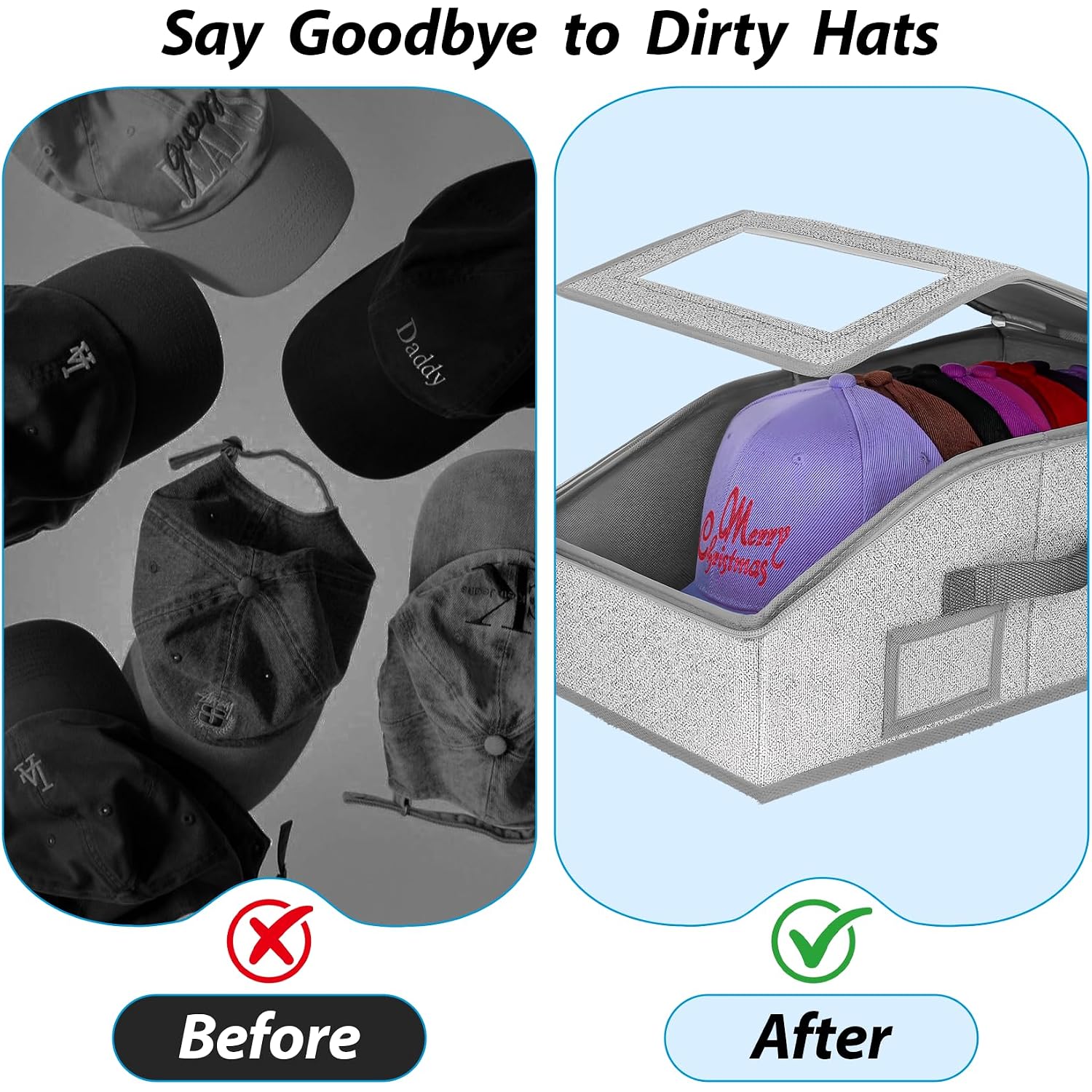 Hat Storage For Baseball Caps,2 Pcs Stackable Hat Storage Boxes Holds Up To 24 Caps Hat Organizer For Closet, Sturdy Snapback Hat Boxes For Women&Men With Clear Window For Closet, Grey