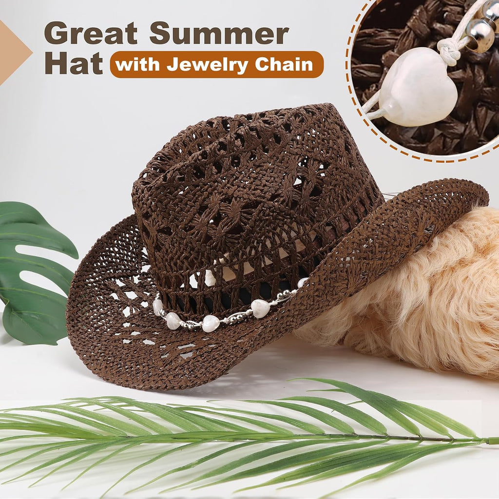 Dreshow Straw Cowboy Cowgirl Hat For Women Men Western Coastal Cowboy Beach Hat With Shapeable Brim Unisex Rolled Up Caps