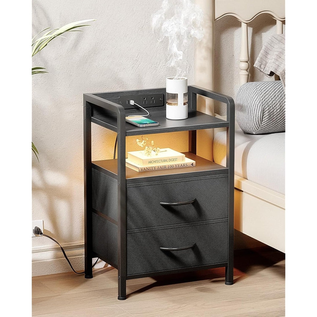 Lazzanto Night Stand Bedside Charger Bedroom - Nightstand with Charging Station & LED Light Strip, Night Stand with Storage Shelf & 2 Fabric Drawers, Morden End Table with U-S-B Ports & AC Outlets