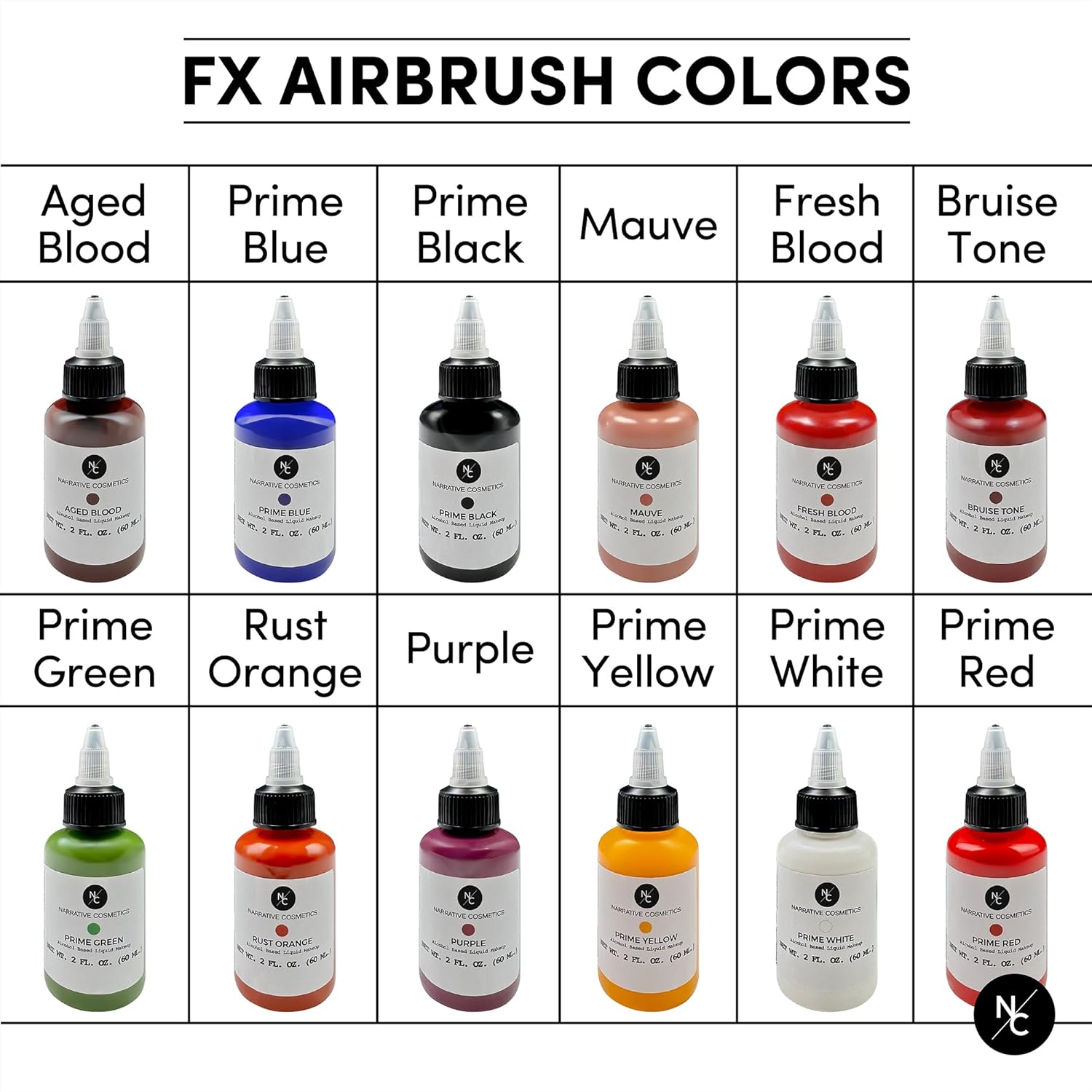 Narrative Cosmetics FX Alcohol Airbrush Paint — 2 fl oz | Waterproof, Quick-Dry, Skin-Safe Body & SFX Makeup | Brush or Sponge | Stage, Film, Halloween, Cosplay, Bodypainting — Prime Black