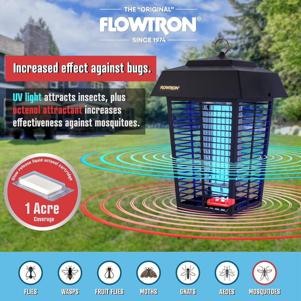 Flowtron Bug Zapper, 1 Acre Outdoor, 40W Uv Bulb, 5600V, Octenol Attractant | Bug Zapper For Backyards, Patios, And Farms - Uv Plus Octenol Lure Clears Mosquitoes, Flies, And Gnats - Ul And Etl Certified