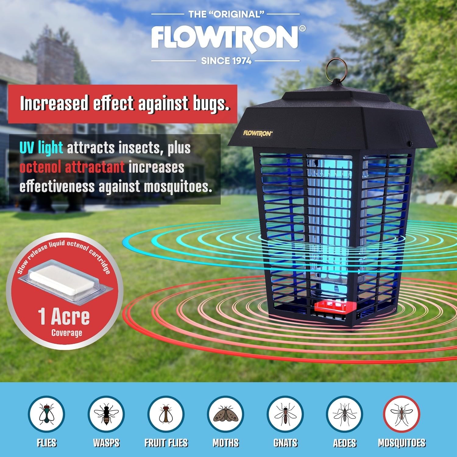 Flowtron Bug Zapper, 1 Acre Outdoor, 40W Uv Bulb, 5600V, Octenol Attractant | Bug Zapper For Backyards, Patios, And Farms - Uv Plus Octenol Lure Clears Mosquitoes, Flies, And Gnats - Ul And Etl Certified