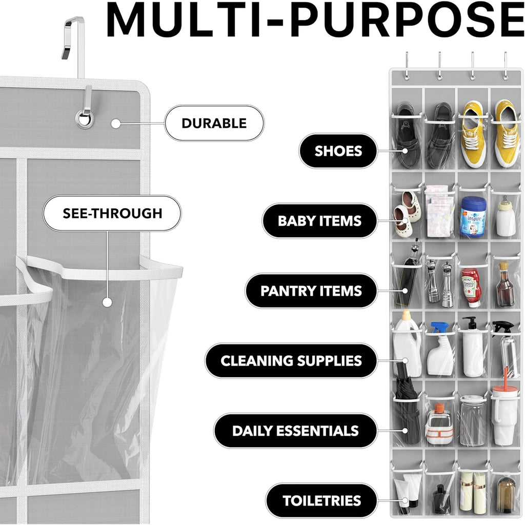 Simple Houseware 24 Pockets - Crystal Clear Over The Door Hanging Shoe Organizer, Gray (64'' X 19'')