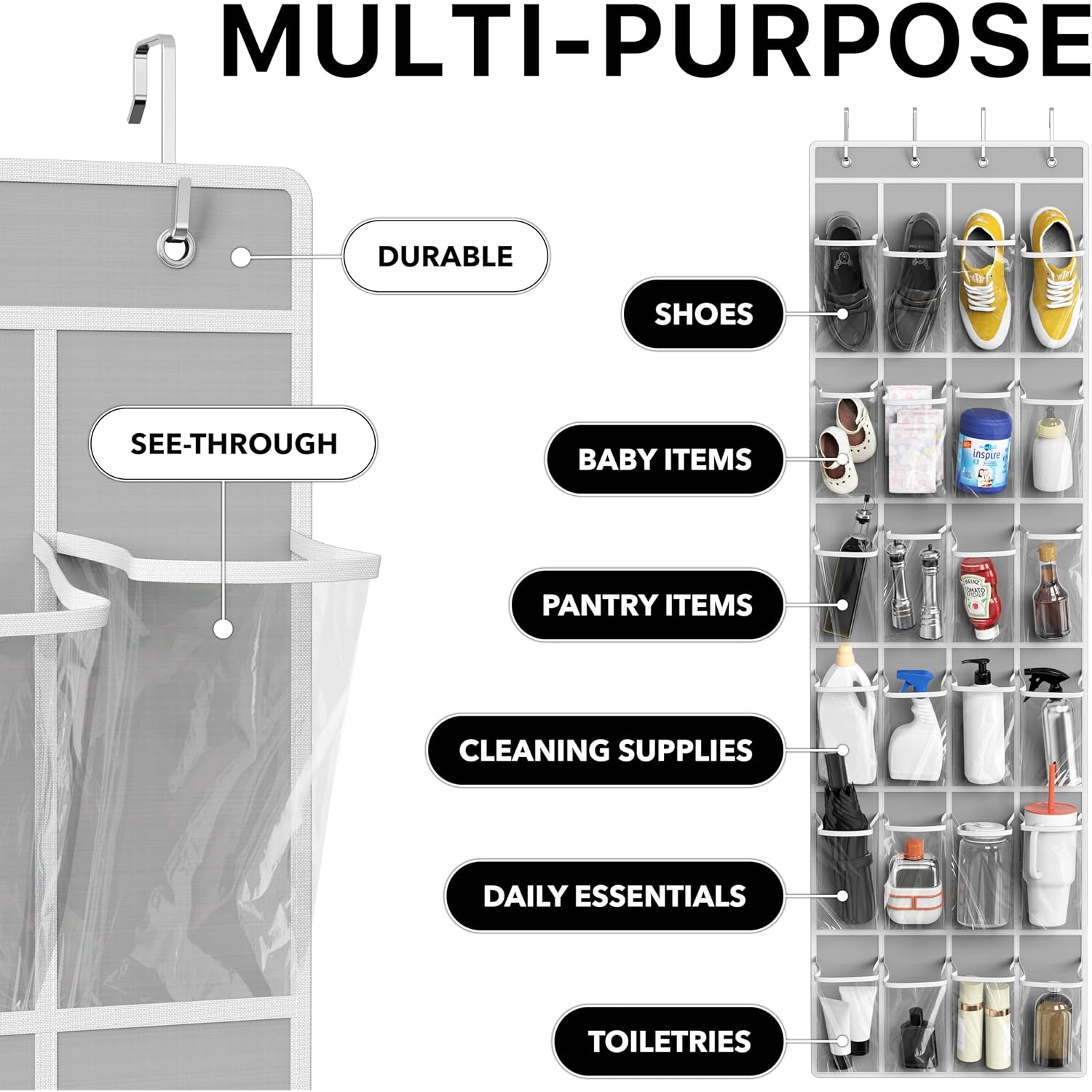 Simple Houseware 24 Pockets - Crystal Clear Over The Door Hanging Shoe Organizer, Gray (64'' X 19'')