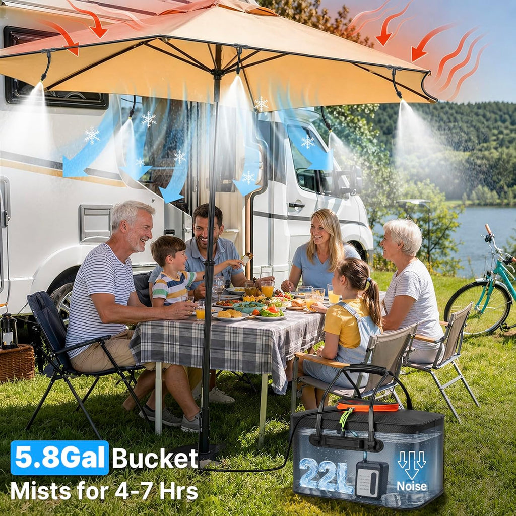 50Ft Portable Misting System For Cooling, Misters For Outside Patio With 5.8Gal/22L Foldable Tank, 5200Mah Pump (Ipx8) & 8 Adjustable Brass Nozzles For Umbrella, Camping, Golf Cart, Sport