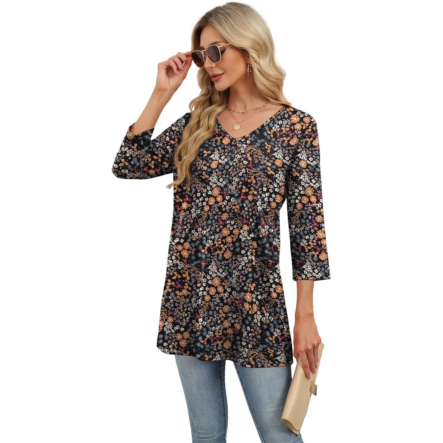 3/4 Length Sleeve Womens Tops Dressy Casual Plus Size Tunics to Wear with Leggings