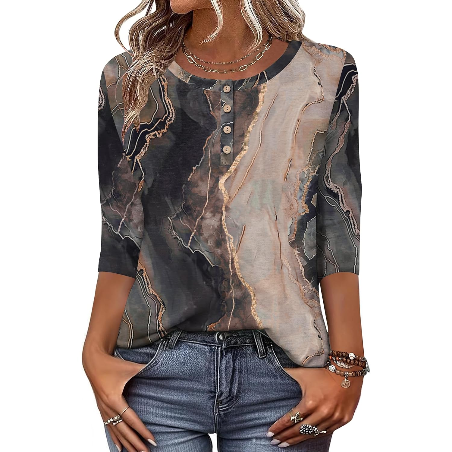 Zeagoo 3/4 Length Sleeve Women Tops Crew Neck Blouses Dressy Casual Summer T Shirts Loose Fit Business Work Clothes