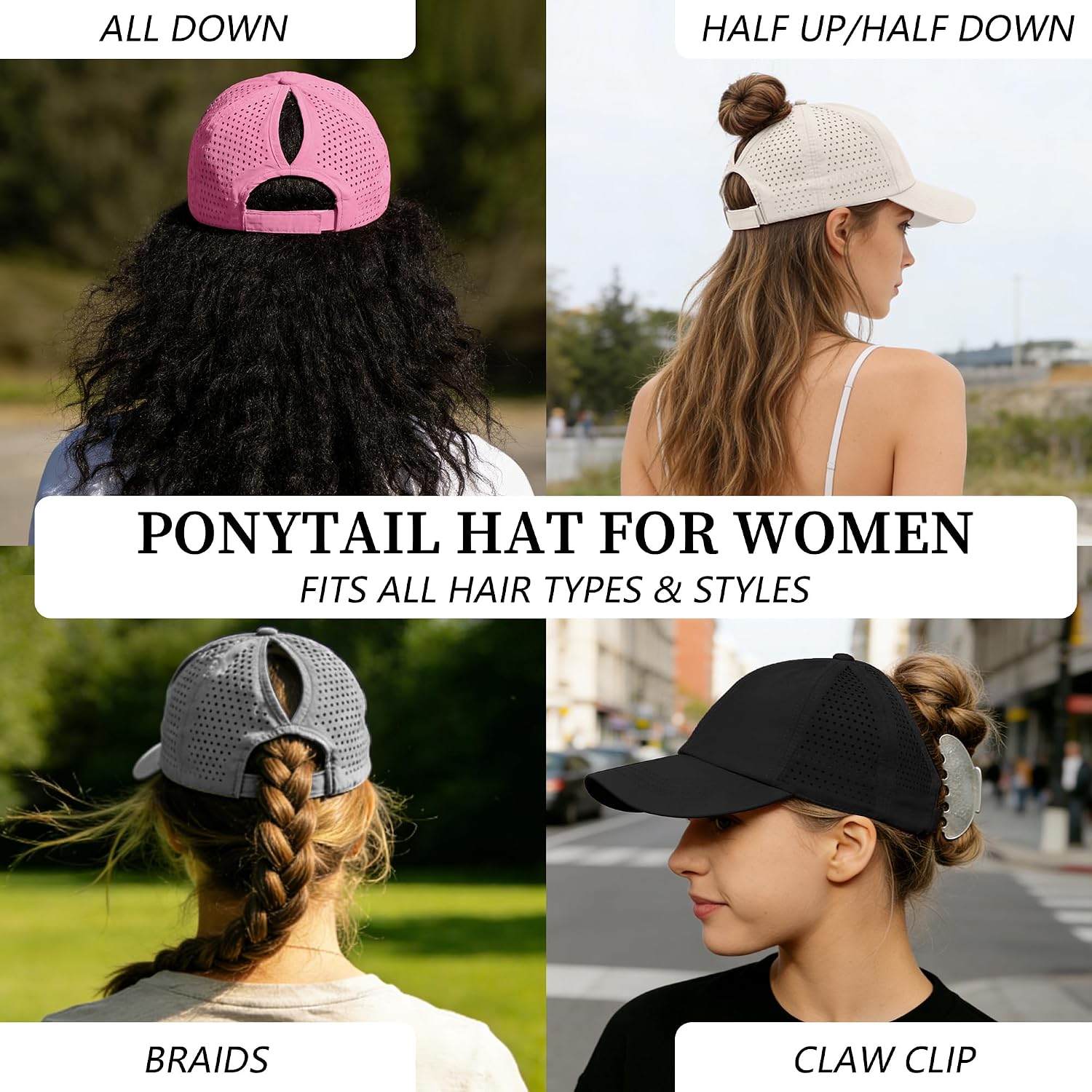 Womens UPF 50+ Baseball Cap Waterproof Quick Dry Adjustable Ponytail Hat for Running Hiking Golf Black