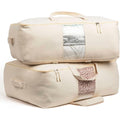 Soft Canvas Storage Bags With Zipper. Thick Breathable, 2Pc King/Queen Comforter Organizer. Four Carrying Handles And Window. Large 25X19X9In Bag For Sheets Blankets Bedding Pillows, Clothes