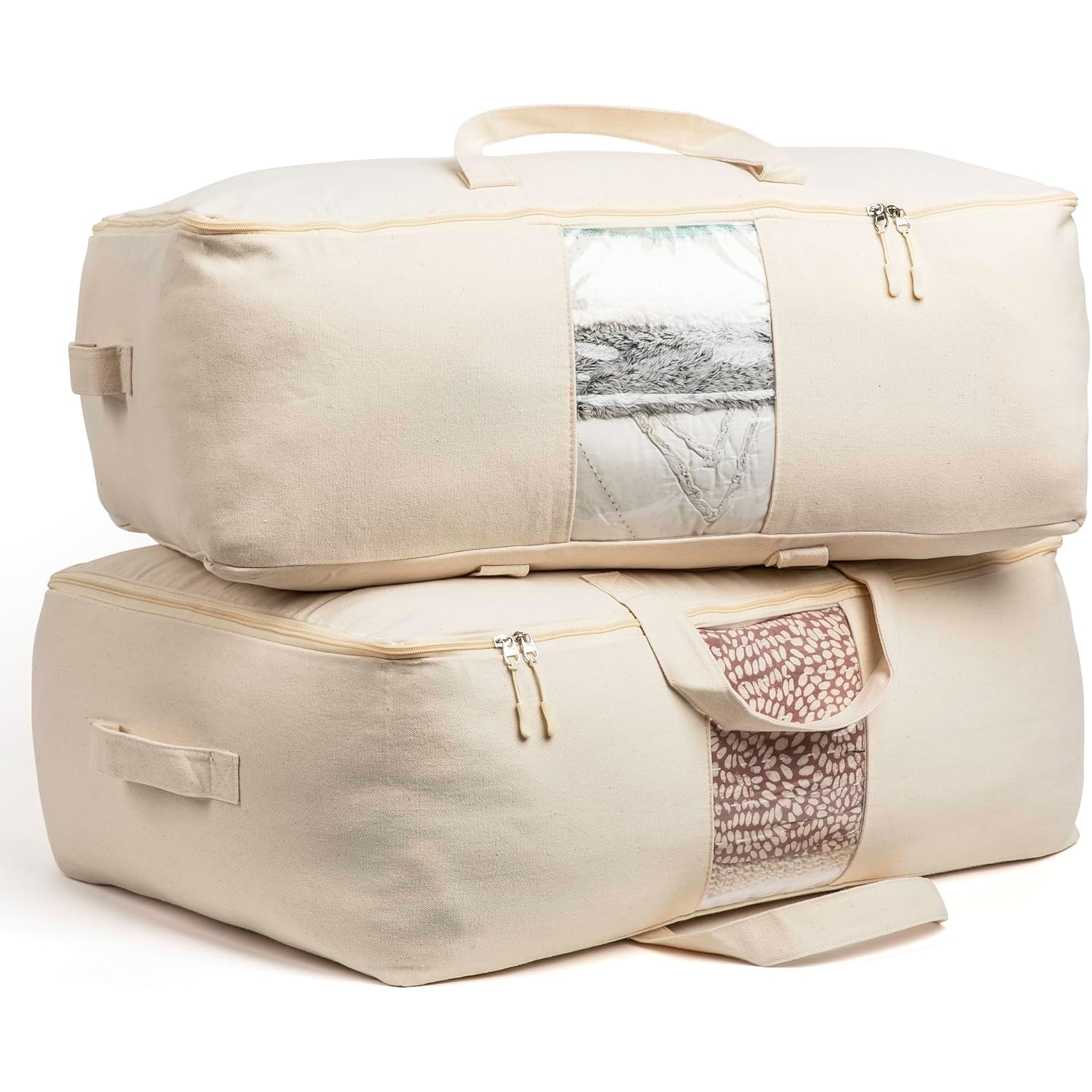 Soft Canvas Storage Bags With Zipper. Thick Breathable, 2Pc King/Queen Comforter Organizer. Four Carrying Handles And Window. Large 25X19X9In Bag For Sheets Blankets Bedding Pillows, Clothes