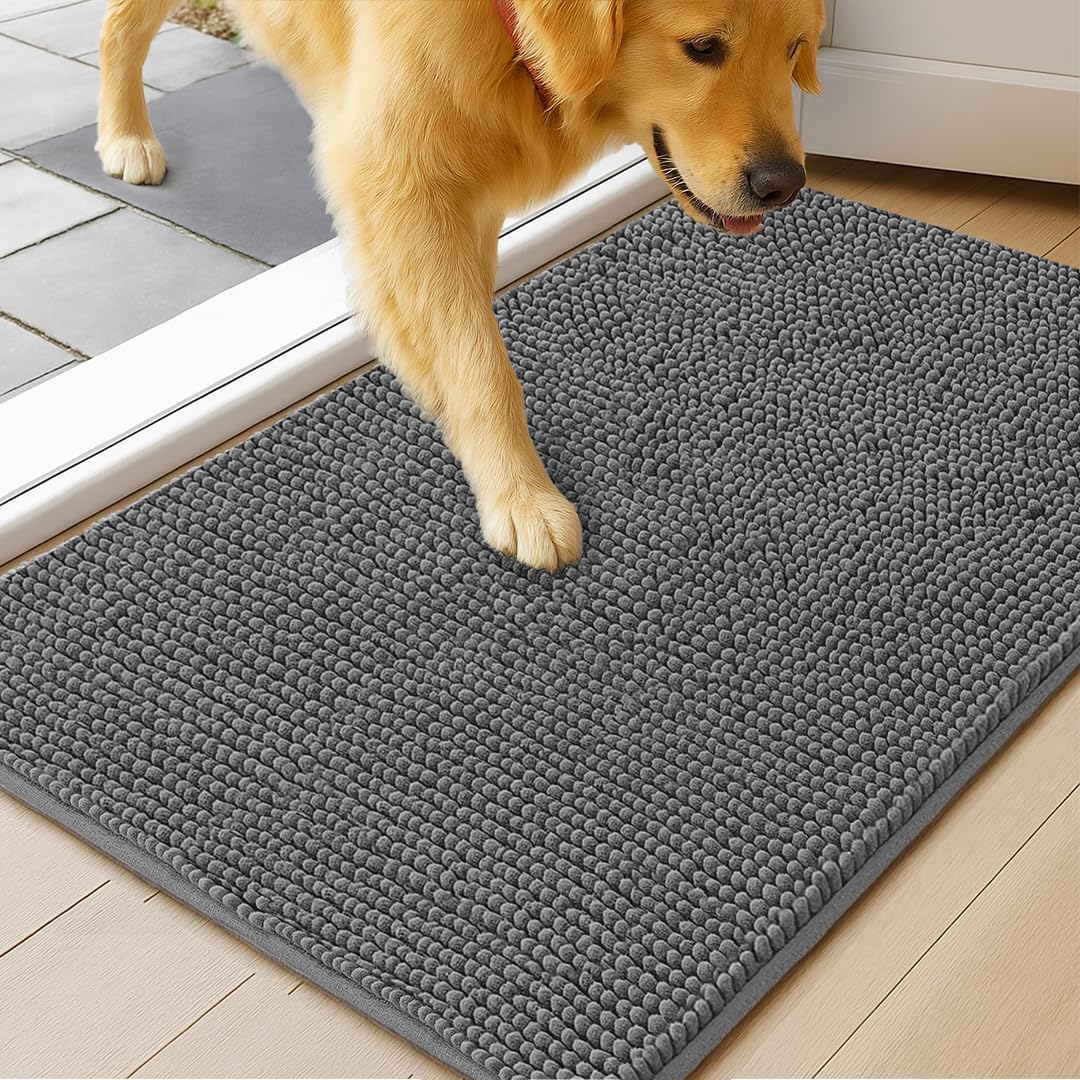 Mudguard Mat® Dog Door Mat For Muddy Paws, Super Absorbent Microfiber, Non-Slip Indoor Mat, Quick-Dry Chenille Rug For Pets & Entryway, Machine Washable, Grey 19" X 30"