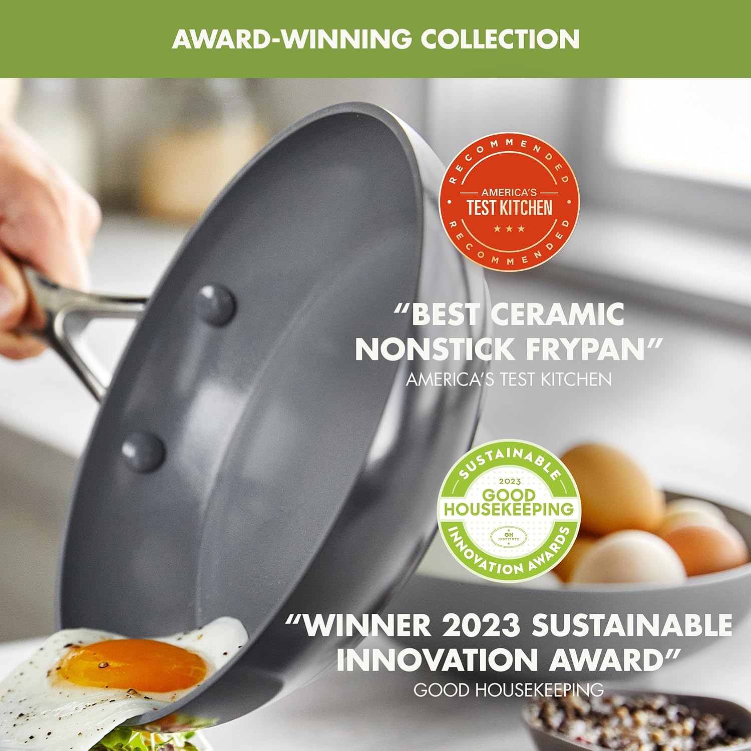 GreenPan Valencia Pro Ceramic Nonstick 8" 9.5" & 11" Fry Pan Skillet Set, Hard Anodized PFAS-Free, Induction Ready, Compatible on All Cooktops, Dishwasher Safe, Oven Safe to 600F, Gray