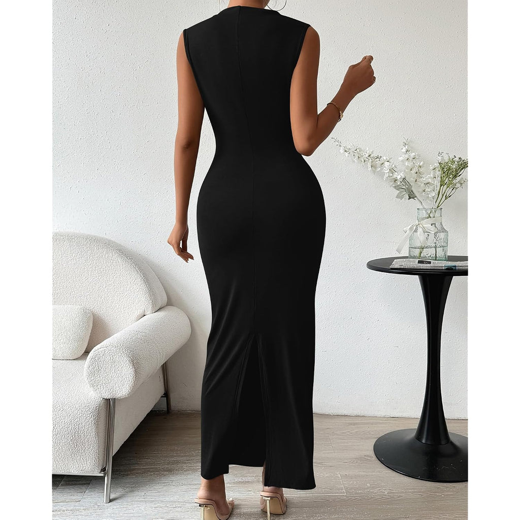 Btfbm Women Ruched Bodycon Maxi Dresses Summer Casual Sleeveless Lightweight Slit Elegant Cocktail Wedding Guest Dress