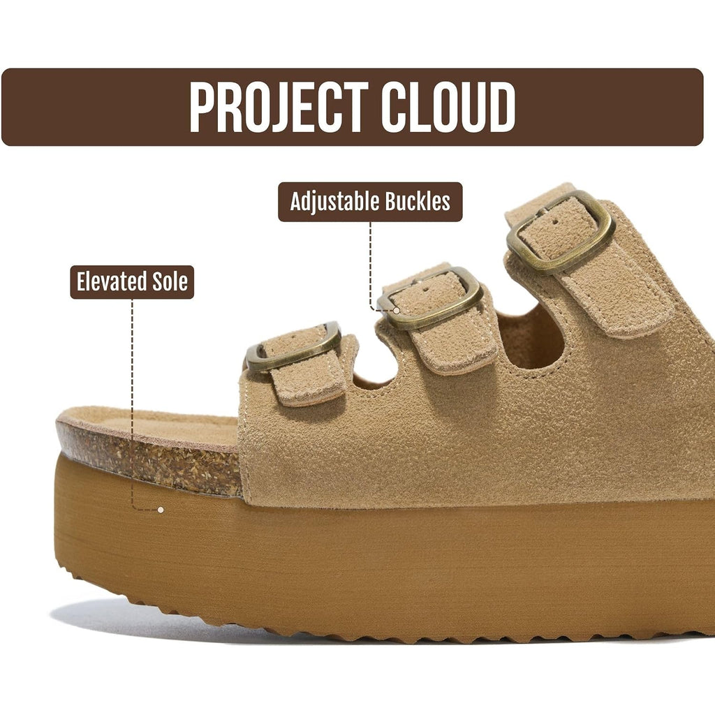 Project Cloud 100% Genuine Leather Platform Sandals Women Footwear - Comfortable Womens Slides Memory Foam Insole - Non Slip Water-Resistant 3-Strap Wedge Sandals For Women 2026