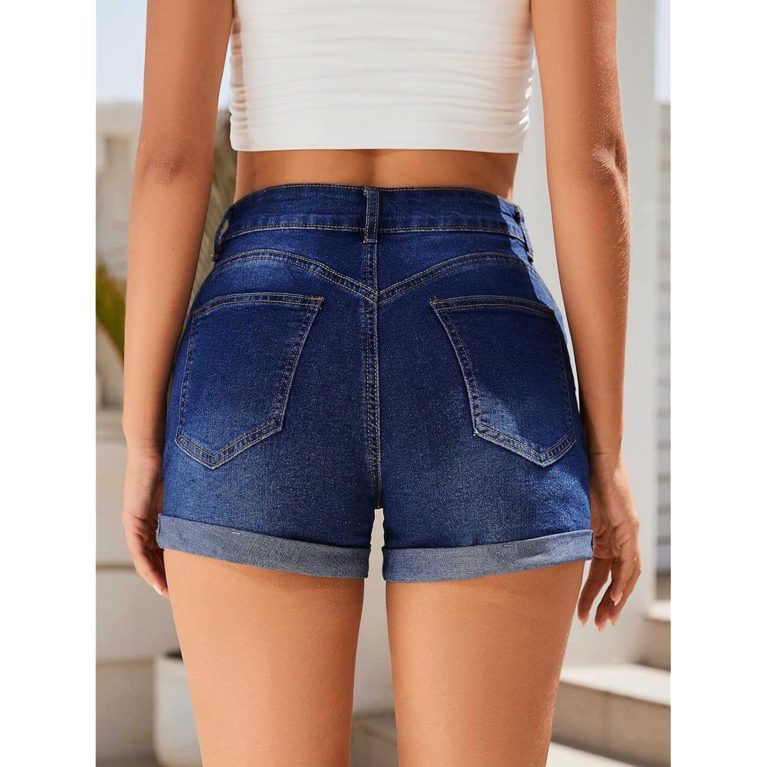 Women's Mid-High Rise Ripped Denim Shorts Stretchy Distressed Jean Shorts with Pockets Folded Hem Casual Summer Jorts