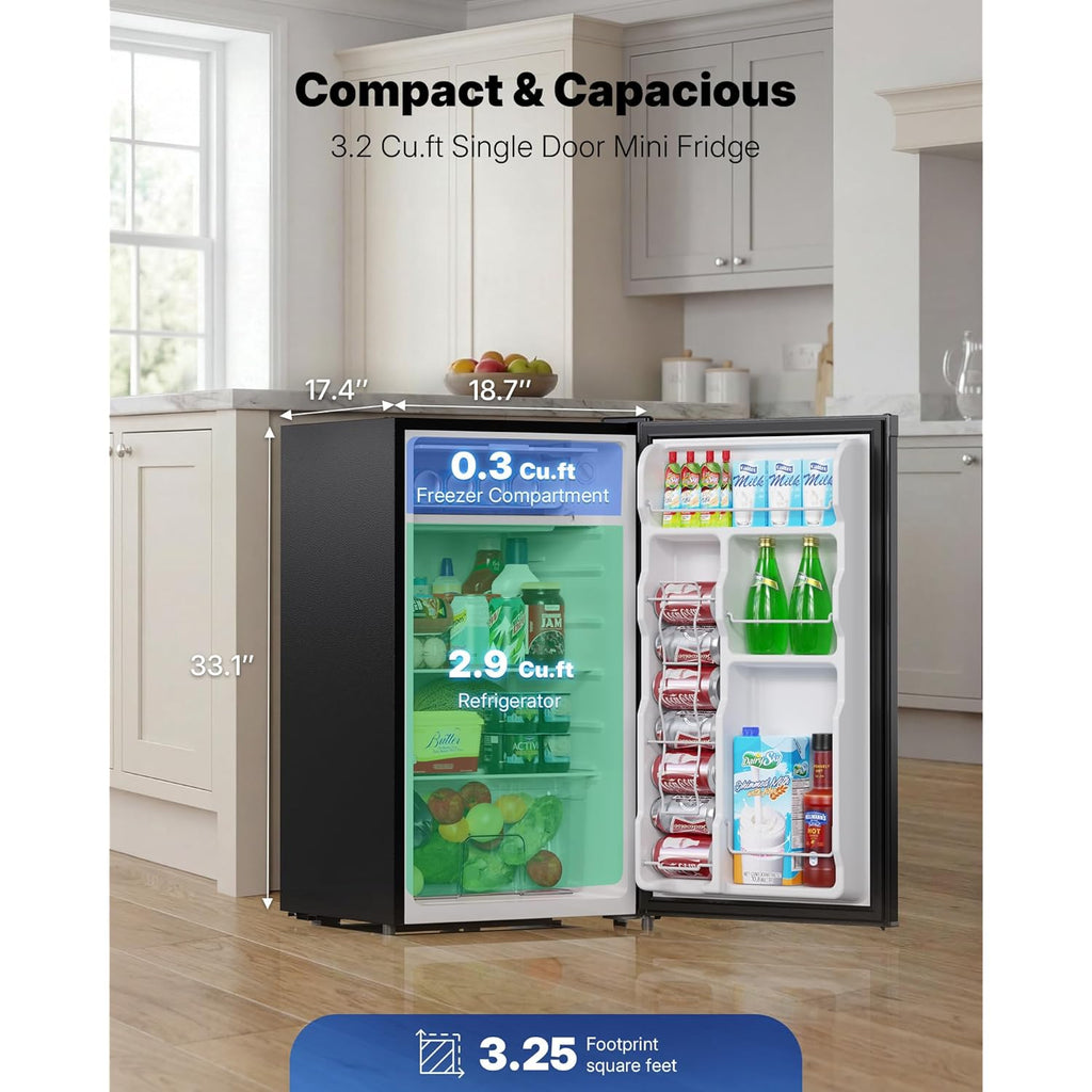 Upstreman 3.2 Cu.Ft Mini Fridge with Freezer, Quiet Efficient Small Fridge, Compact Refrigerator with Adjustable Thermostat, for Dorm, Bedroom, Office, Black-BR321
