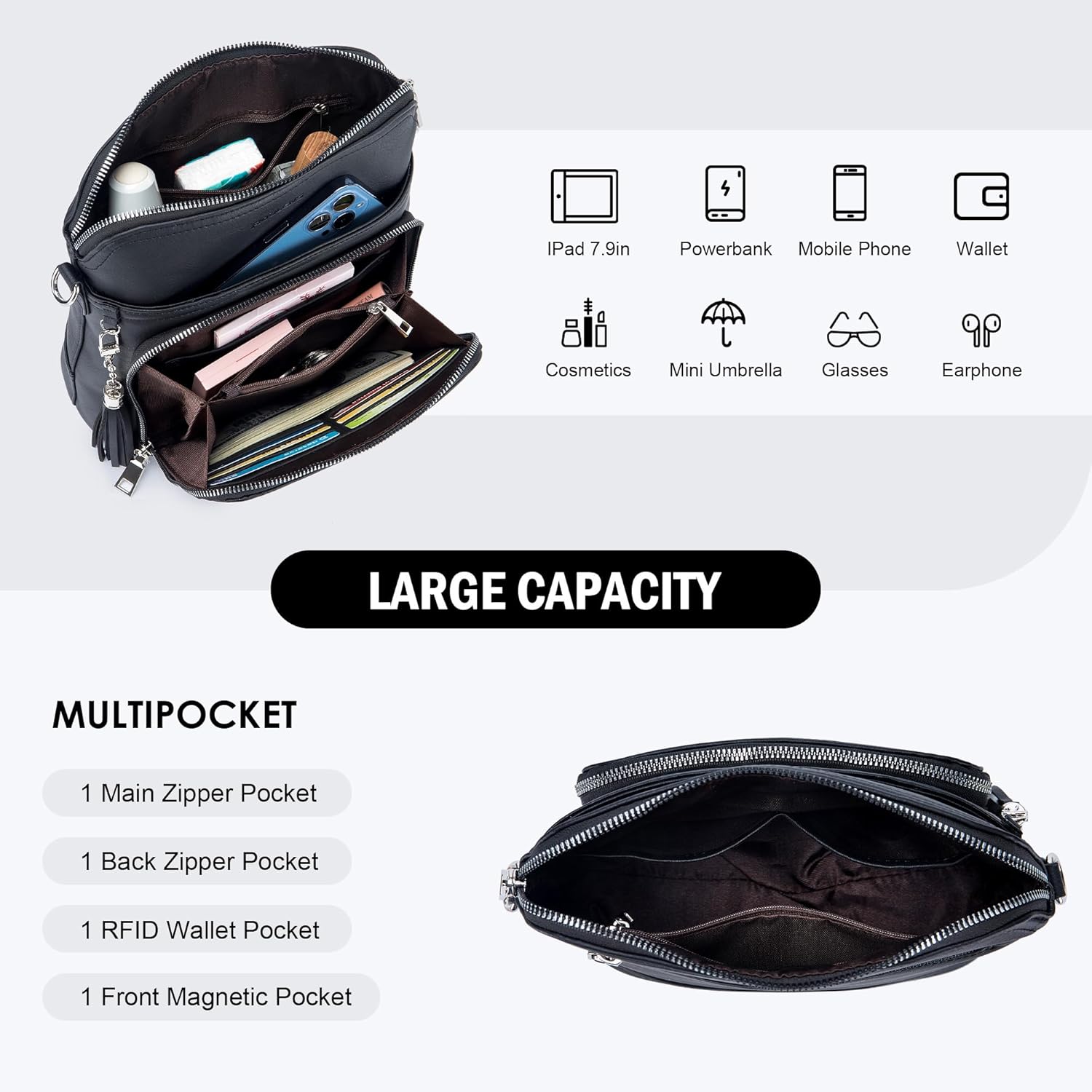 Roulens Crossbody Purse for Women Vegan Leather Medium Crossbody Wallet Bag for Travel Women Shoulder Handbags with Tassel