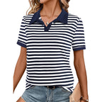 Striped Shirt Women V Neck T Shirts Short Sleeve Color Block Summer Tops