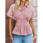 Womens Striped Peplum Button Down Shirts Short Sleeve Pleated Tops Summer Business Casual Blouses