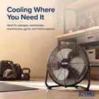 Ez-Chill 12” Cradle Floor Fan, 3 Speed, High Velocity, 180 Degree Adjustable Tilt, All-Metal, Carry Handle, Rubber Feet, Airflow 15.42 Ft/Sec, Ideal For Home, Bedroom & Office, Black