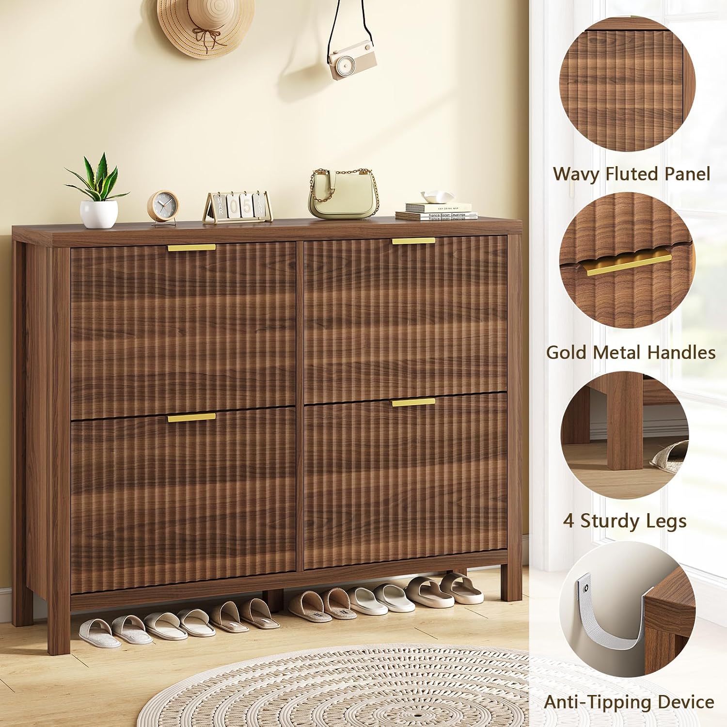 Shoe Cabinet Storage For Entryway, Fluted Shoe Cabinet With 4 Flip Drawers, Hidden Shoe Rack Freestanding Wooden Shoe Organizer With Legs For Hallway, Walnut