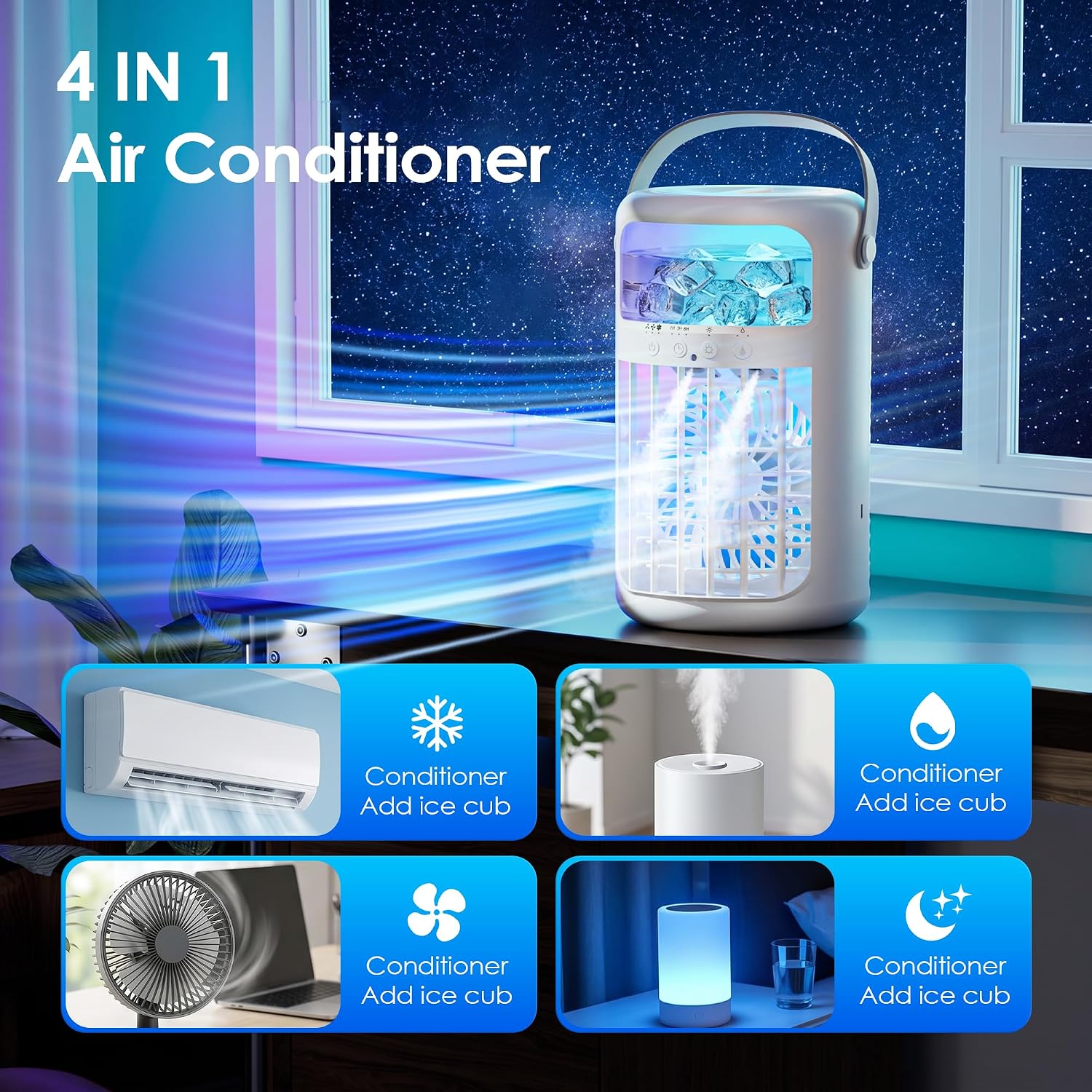 Portable Air Conditioners, Evaporative Air Cooler, 4-In-1 Portable Ac Fan, 1500Ml Tank, 3 Speeds & 2 Mist Modes, Remote, Usb-C Cooling For Bedroom Office Camping