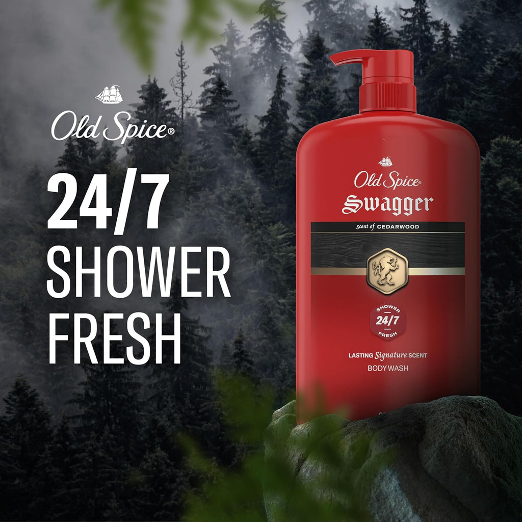 Old Spice Body Wash For Men, 24/7 Shower Fresh With Long Lasting Scent, Refreshing 3X Defense, Red Collection, Swagger With Cedarwood Scent, 33.4 Oz (Pack Of 4)