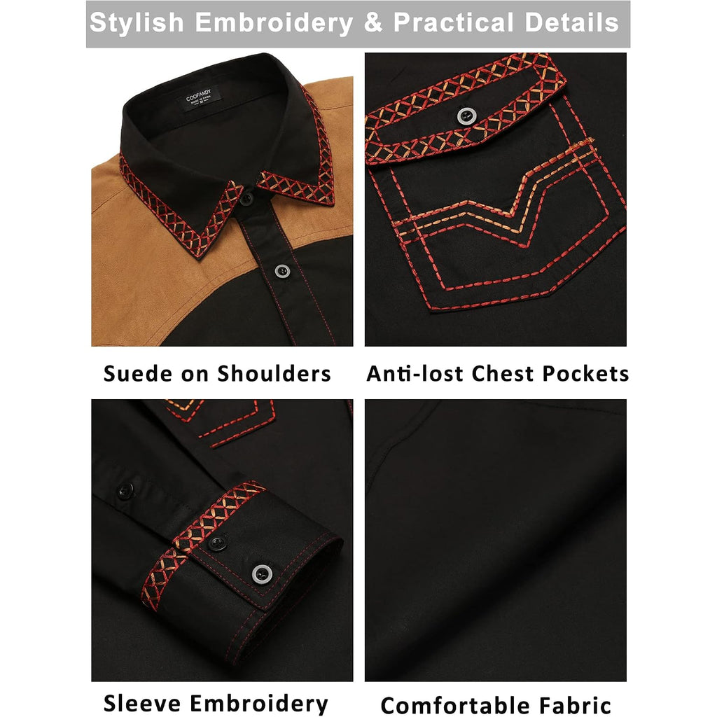 Coofandy Men'S Western Cowboy Shirt Embroidered Long Sleeve Slim Fit Casual Cotton Button Down Hippie Shirts With Pockets