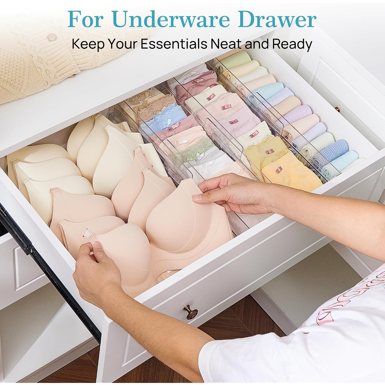 Vtopmart 12 Pack Drawer Dividers For Clothes, 4" High 10.2"-16.5" Adjustable Expandable Dresser Drawer Organizer, Clear Plastic Separators For Dresser, Baby Clothing, Underwear, Cosmetic, Toiletries