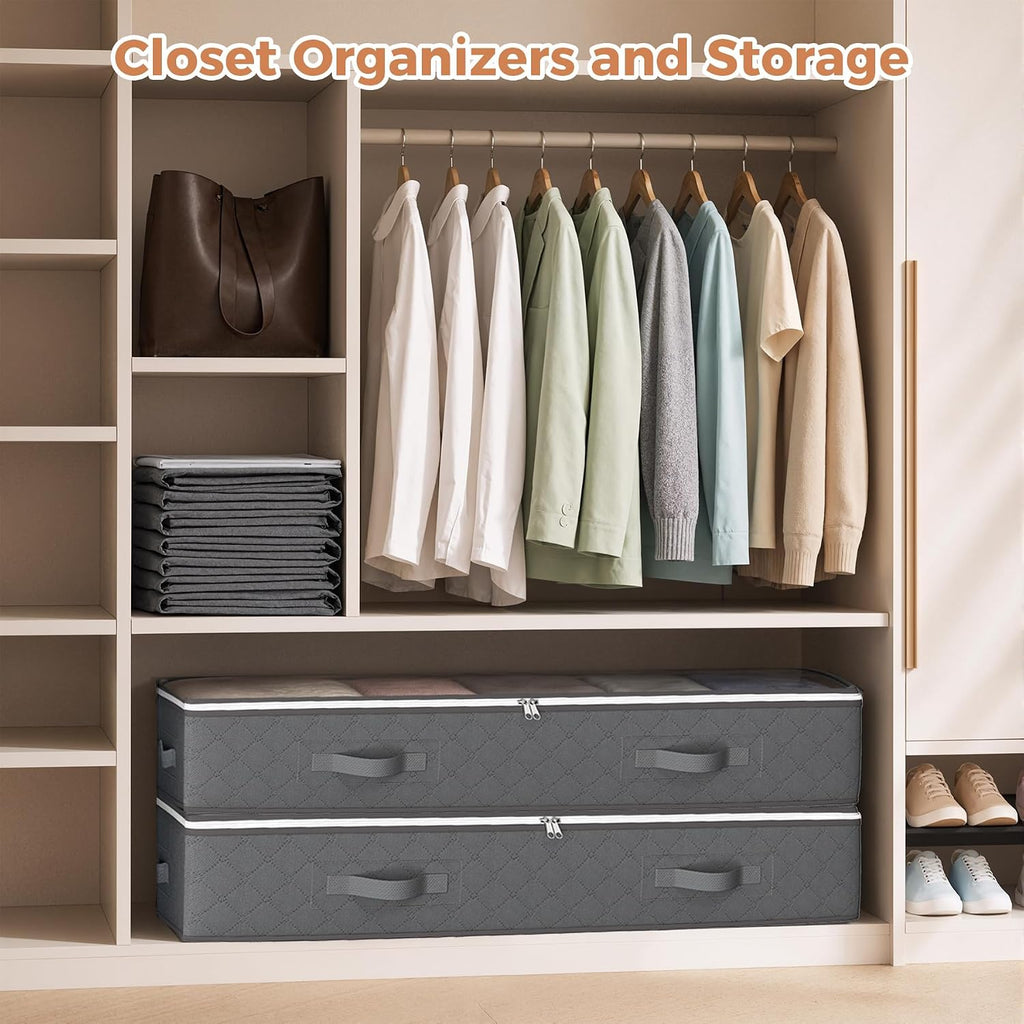 90L Under Bed Storage Containers, 4 Pack Closet Organizers Grey | Foldable Underbed Storage Bins For Linen Sheets, Blanket, Clothing, Comforter, Sweaters, Pillows, Wrapping Paper