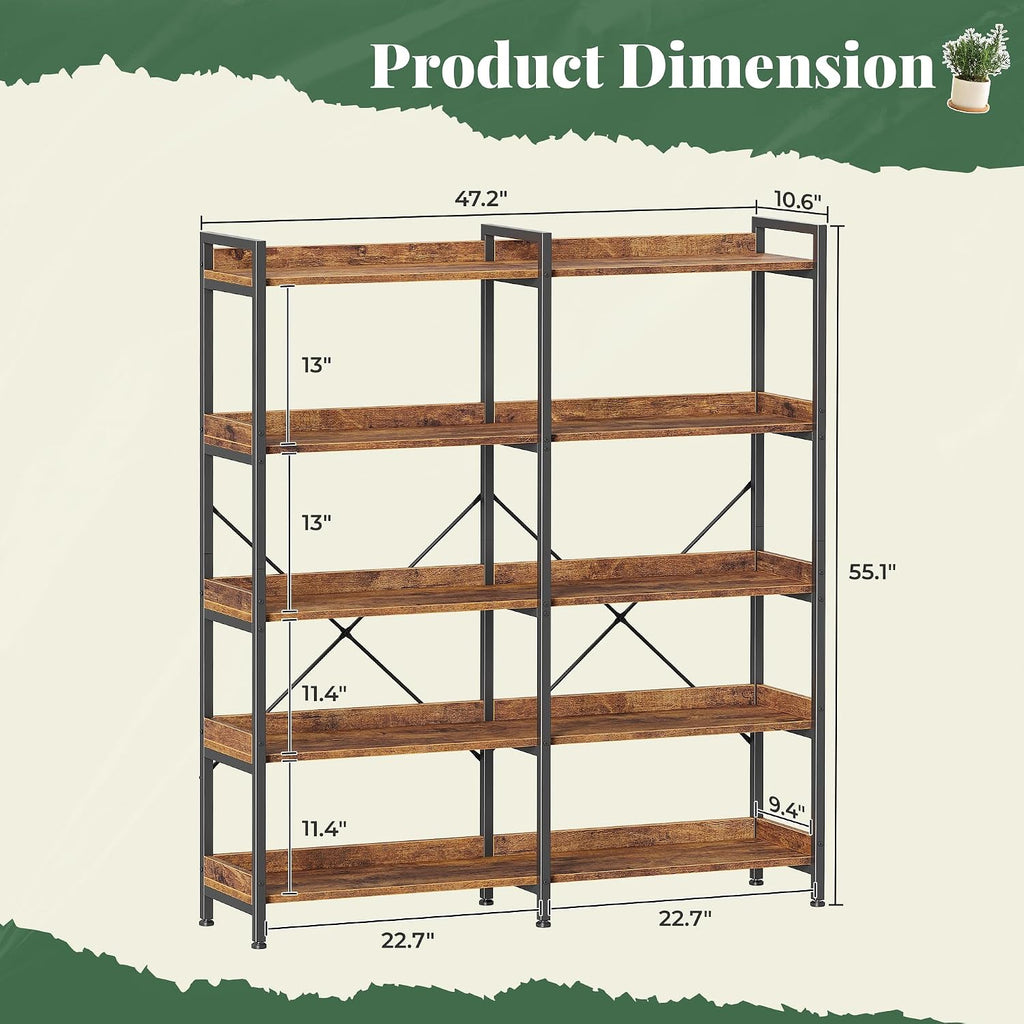 Huuger 5 Tier Bookshelf, Display Bookshelf With 10 Open Shelves And Raised Baffle, 47.2 Inch Straight Wide Bookcase With Metal Frame And Wooden Board, Adjustable Feet, Rustic Brown