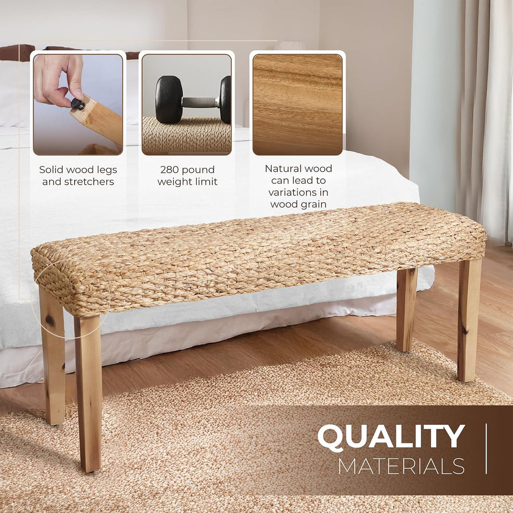 Indoor Wicker Bench, 47", Solid Wood Acacia & Natural Woven Seat | Entryway Bench, Living Room Dining Bench Or End Of Bed Bench, Boho, Rustic Farmhouse Rattan Hallway Bench