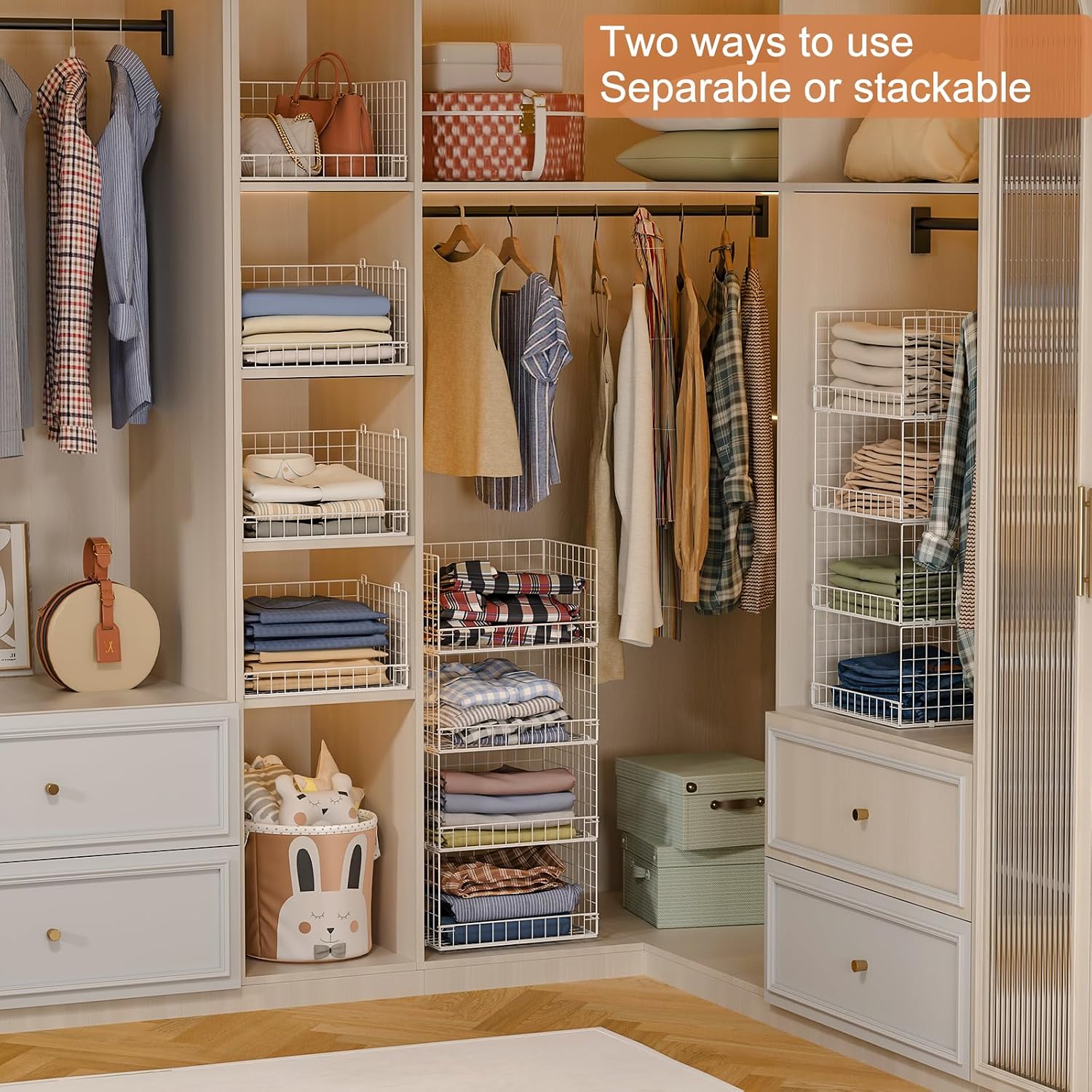 4-Tier Stackable Closet Organizers And Storage Basket, Foldable Closet Shelf Organizer System, Space-Saving Clothes Storage Drawer Organizer For Wardrobe, White ((Patent 30022416))