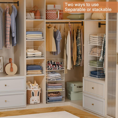 4-Tier Stackable Closet Organizers And Storage Basket, Foldable Closet Shelf Organizer System, Space-Saving Clothes Storage Drawer Organizer For Wardrobe, White ((Patent 30022416))