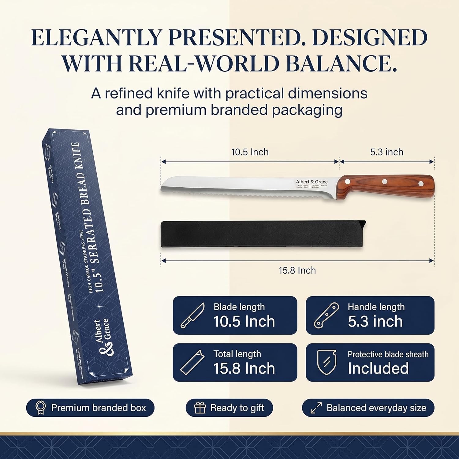 Albert&Grace 10.5-Inch Serrated Bread Knife with Full-Length Sheath – Ultra Sharp, Low-Crumb Slicing for Sourdough, Homemade Bread & Bagels
