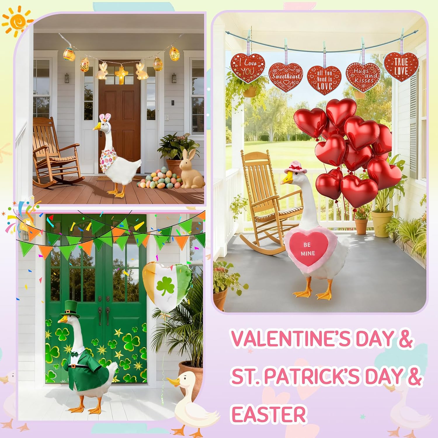 8 Set Holiday Porch Goose Outfits All Seasons Bundle For Valentine St. Patrick Easter Summer 4Th Of July Fall Halloween Christmas - Lawn Porch Goose Clothing For Patio Yard Decor