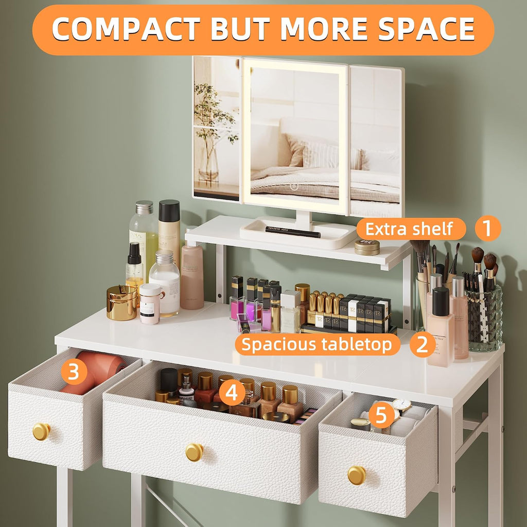Small Makeup Vanity Desk 27.5''W With Mirror And Lights, White | 3 Drawers, Usb Lighted Mirror, Height-Adjustable Stand, Fabric Drawers, Girls/Kids Gifts, Bedroom, Small Space, Dorm